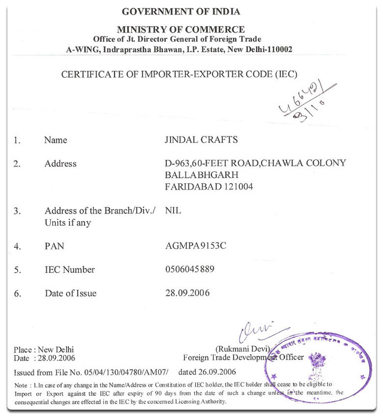 Import Export Code - Issued by Ministry of Commerce, Government of India