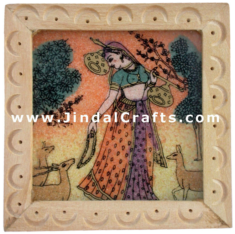 Paper Weight - Colourful Stone Painting with Wooden Carving Indian Office Gifts