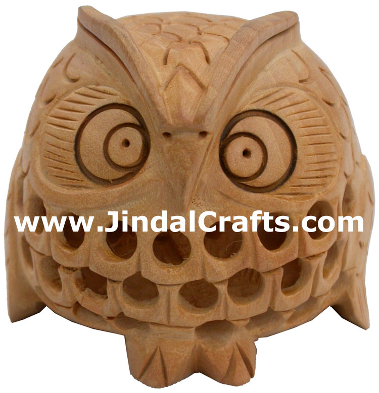 Hand Carved Owl Figurine Arts Crafts Handicrafts from India Hollow Wooden Made