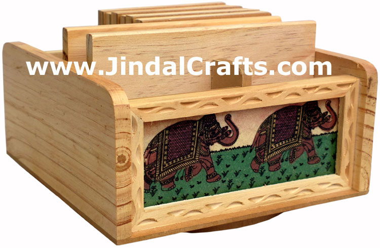 Hand Carved Wooden Gemstone Dust Painting Table Organiser Pen Stand Coasters Art