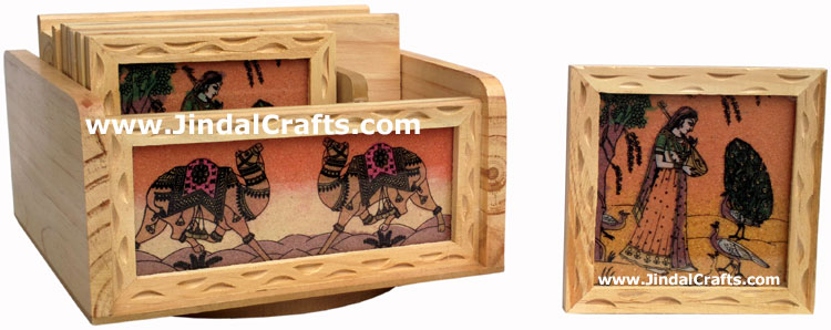 Hand Carved Wooden Gemstone Dust Painting Table Organiser Pen Stand Coasters Art