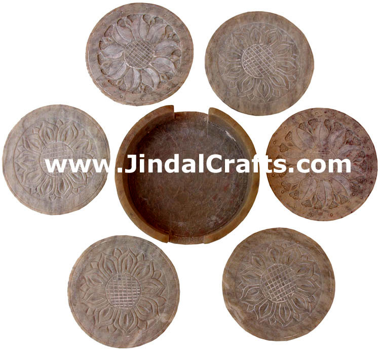 Hand Carved Marble Drink Coasters Set from India