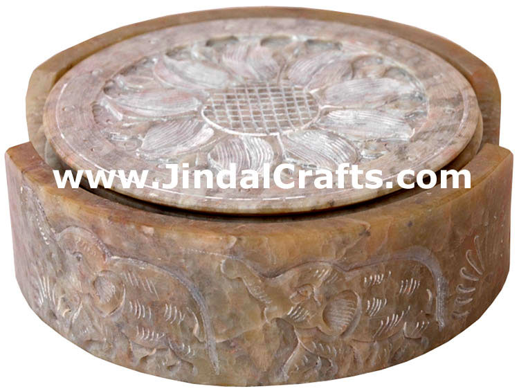 Hand Carved Marble Drink Coasters Set from India