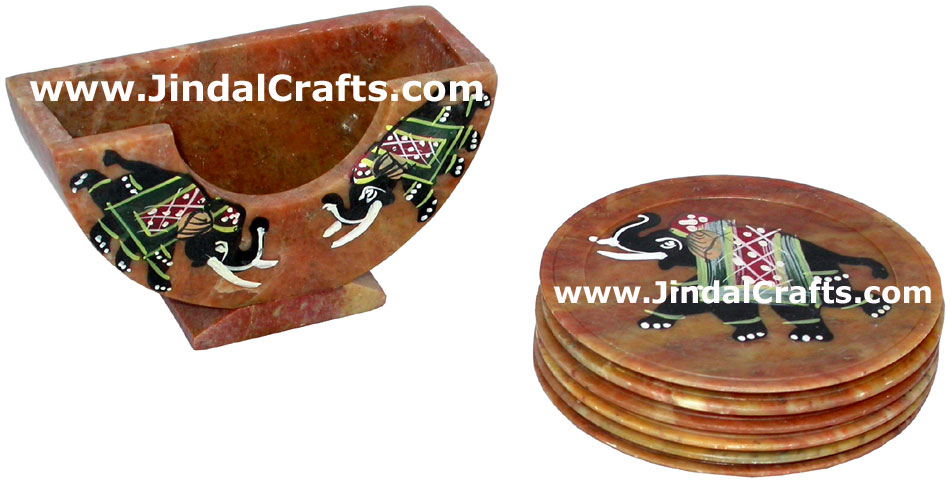 Hand Carved Hand Painted Stone Coaster Set Rich Indian Art Crafts Handicraft