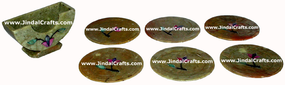 Hand Carved Stone Inlay Coaster Set Rich Indian Art Crafts Handicraft Artifact