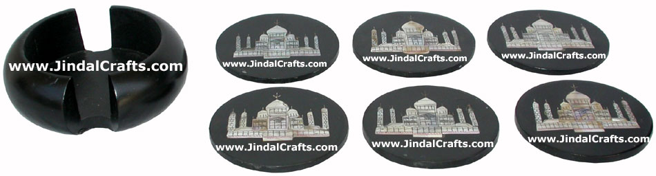 Hand Carved Stone Coaster Set Rich Indian Handicraft Mother Of Pearl Taj Mahal