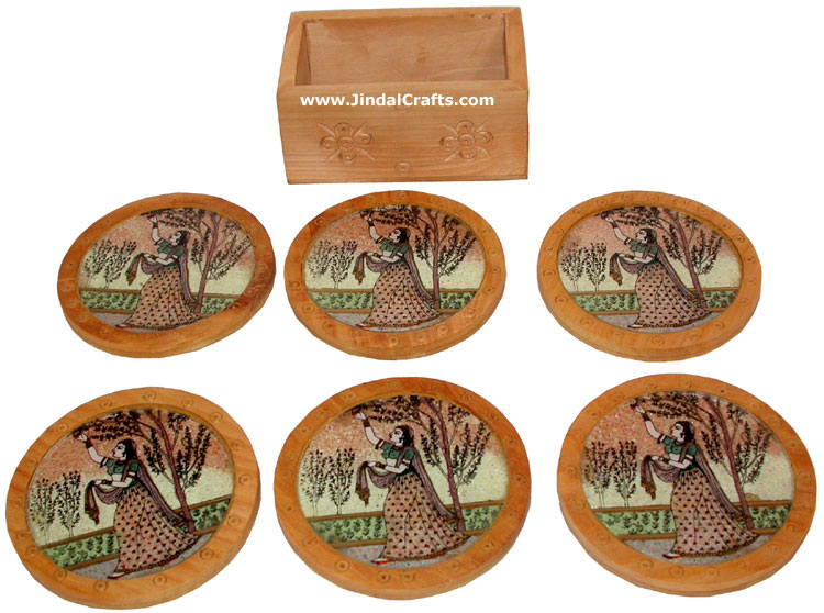 Handmade Gemstone Dust Coasters Set in Wood Frame India