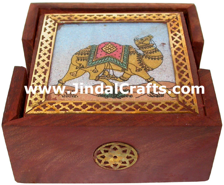 Handmade Gemstone Dust Wood Coasters Set India Crafts