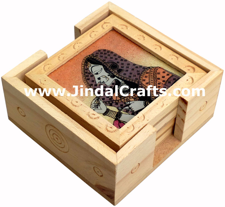 Handmade Wooden Gemstone Dust Colorful Coaster Set Rich Indian Handicrafts Arts