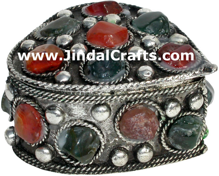 Set of 4 Handmade Metal and Stone Box India Artifact