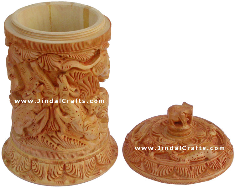 Multi Purpose Box Hand Carved India Wood Art Jungle