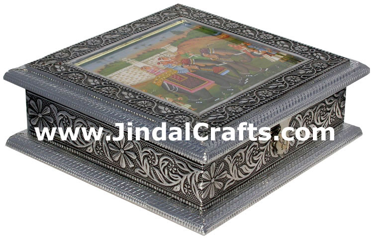 Hand Carved Wood and Metal Embossing Box India Artifact