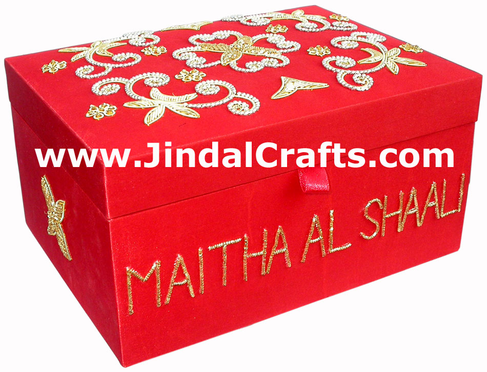 Hand Embroidered Jewelry Box With Mirror Indian Traditional Craft Beaded Zari