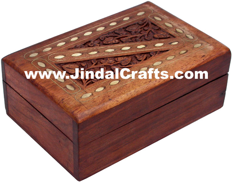 Handmade Wooden Carving Brass Inlay Box Indian Handicrafts Arts Gift Souvenirs