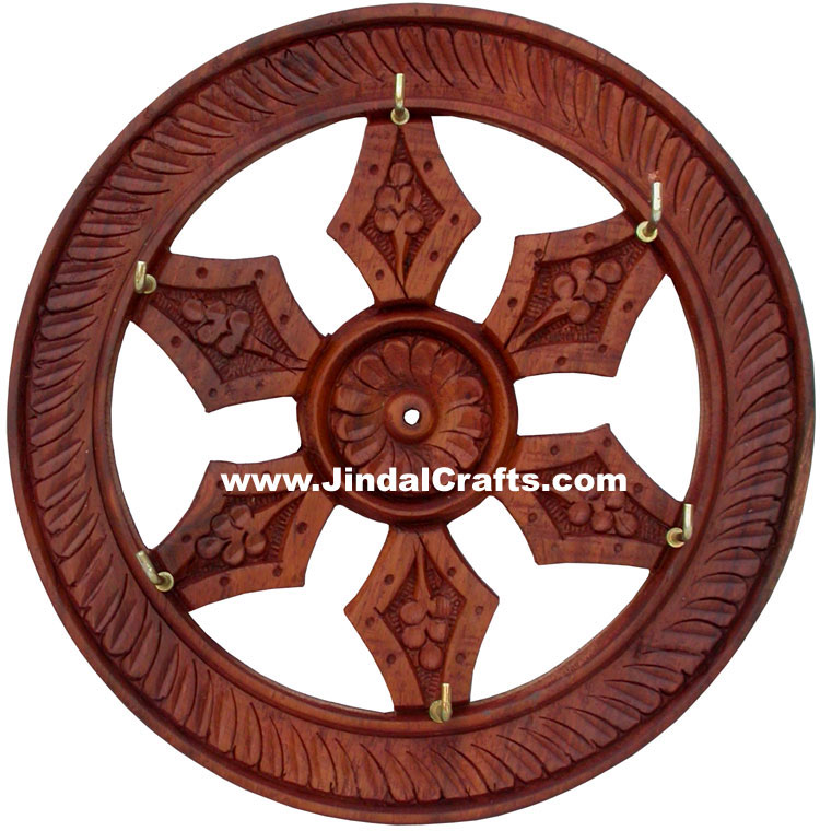 Handcarved Wooden Brass Inlay Key Holder Home Decor Traditional Handicraft Wheel