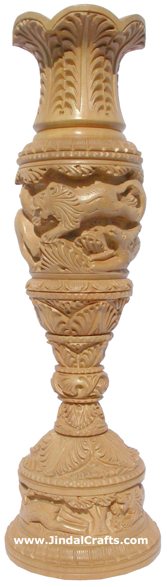 Handmade Wood Lion Jungle Flower Vase India Carving Art Home Decor Artifacts