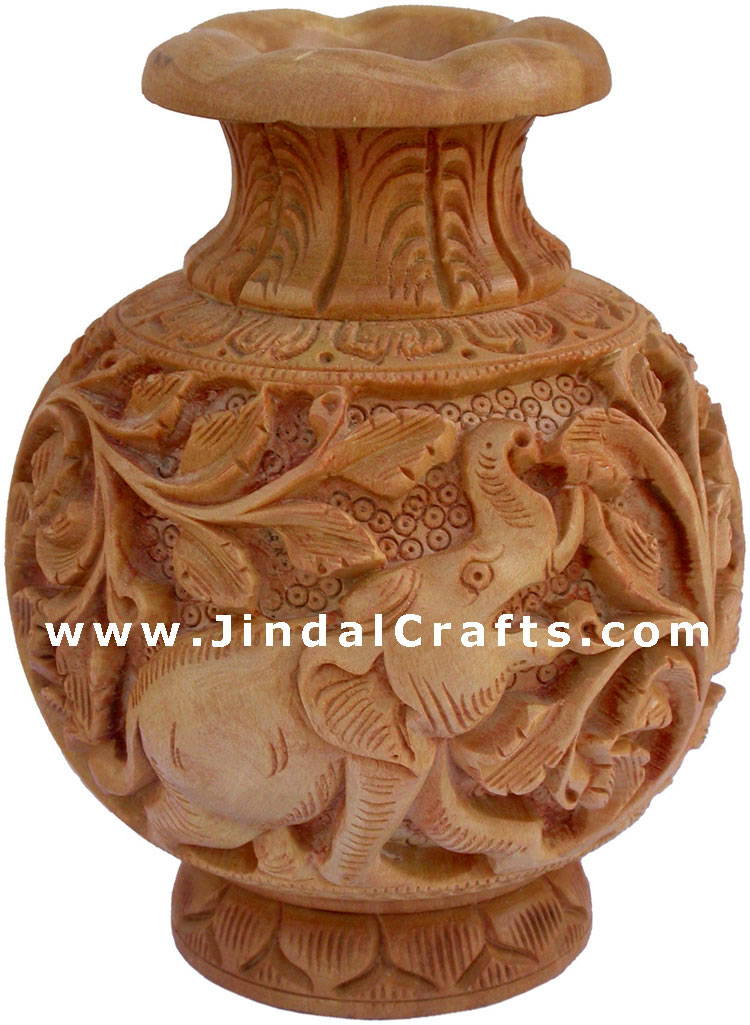 Hand Carved Wooden Decorative Vase India Fair Trade Art Jungle Elephant Decor