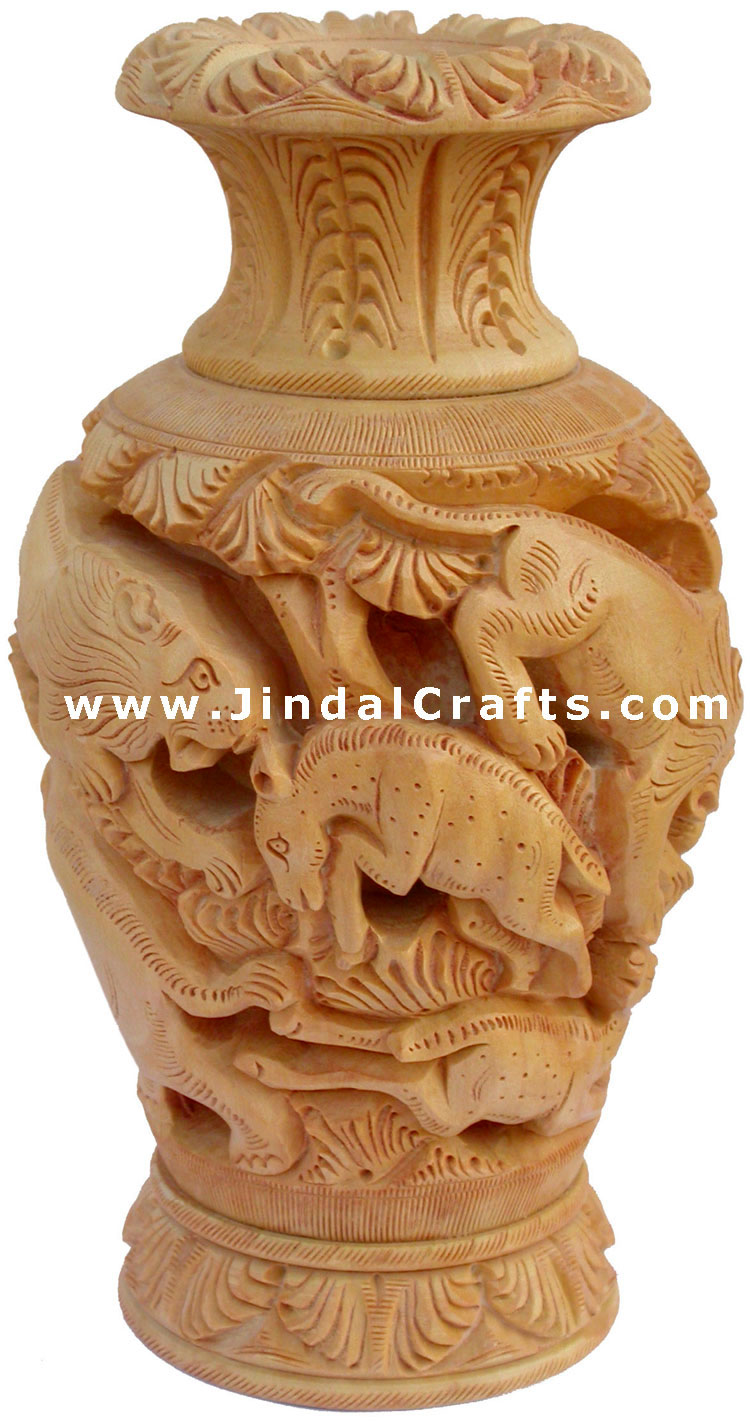 Hand Carved Wooden Decorative Vase India 3D Jungle Carving Art