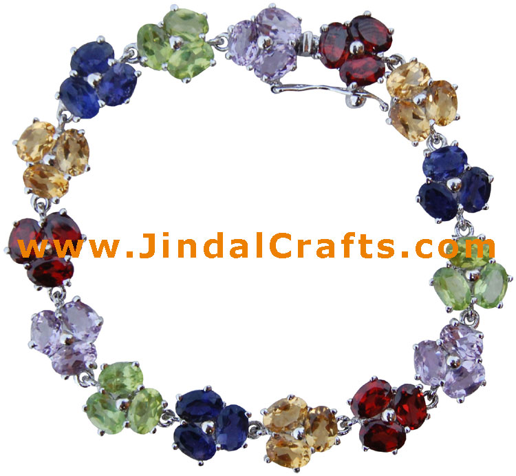 Handmade Semi Precious Stones Studded Sterling Silver Bracelet 925 Jewelry