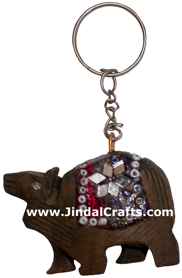 Hand Carve Camel with Lac Work Key Chain Ring India Art