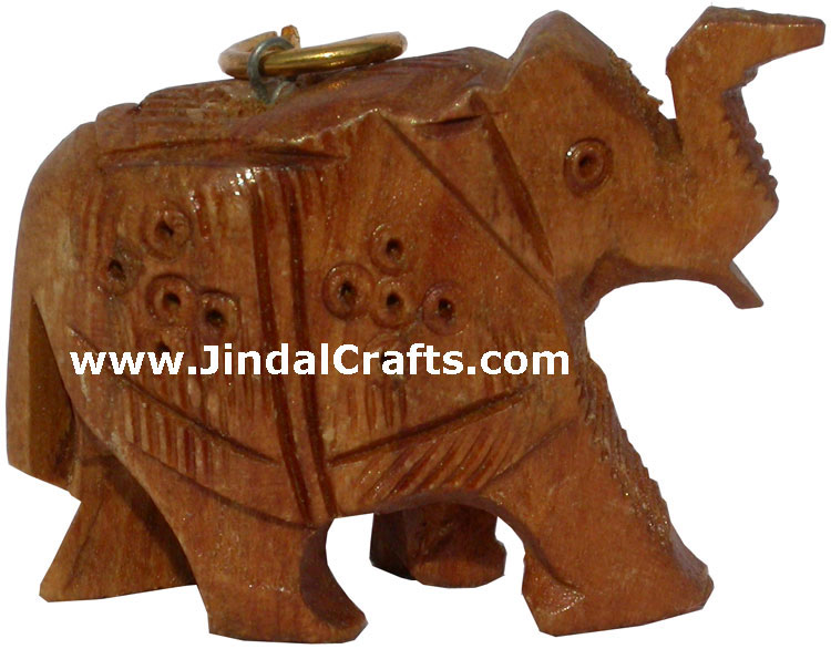 Hand Carved Wood Solid Elephant Key Chain Ring India Art Traditional Handicrafts