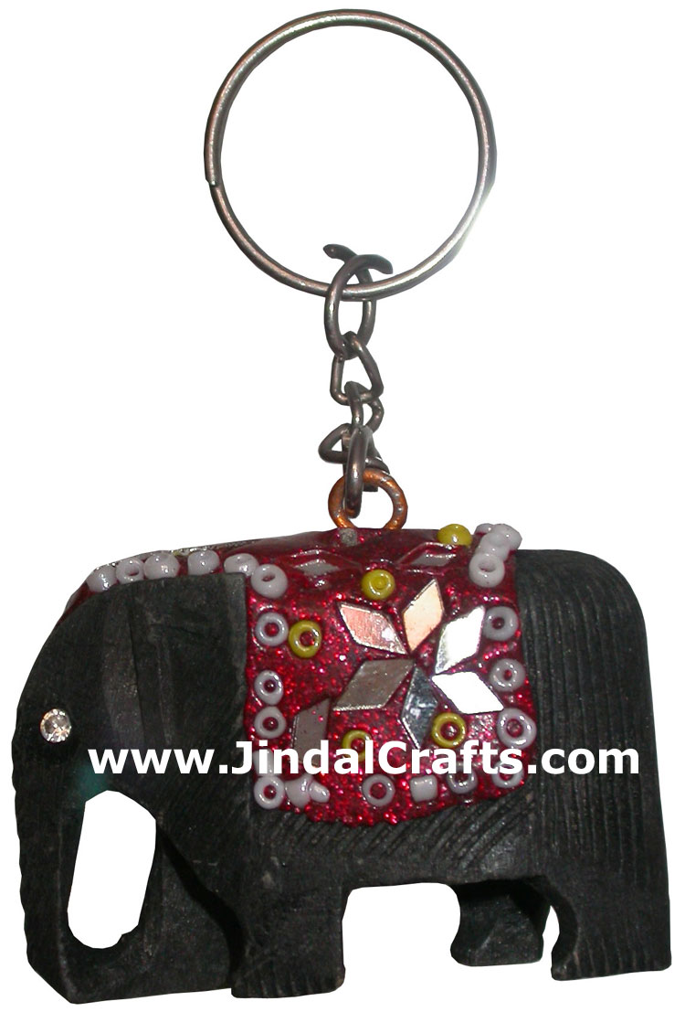 Hand Carved Elephant Lac Work Key Chain Ring India Art