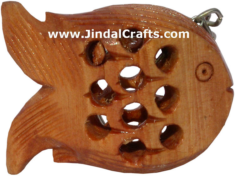 Hand Carved Wood made Indian Hollow Fish Key Chain Ring Handicraft Exclusive Art