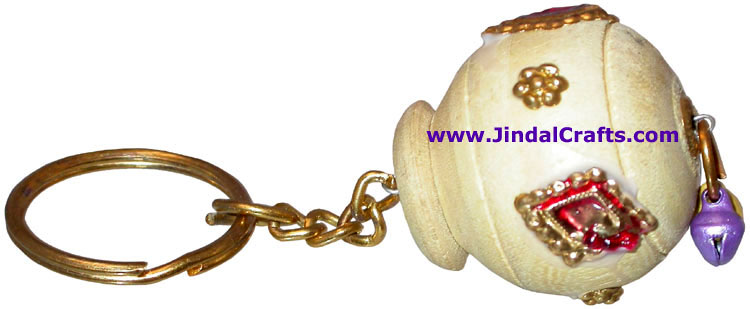 Hand Carved Round Jhumka Key Chain Ring India Art Craft