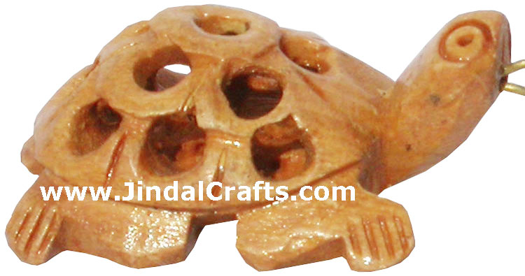 Handcarved Wood Hollow Turtle Key Chain Ring India Traditional Handicraft Figure