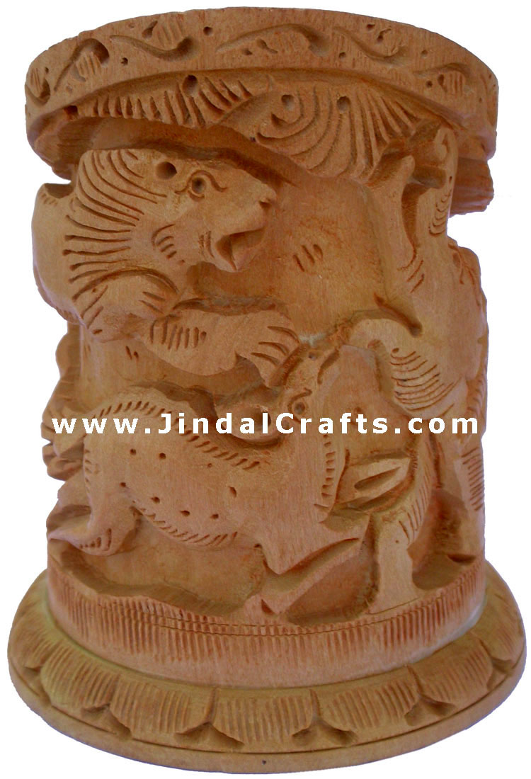Hand Carved Wood Decorative Pen Holder Stand India Art