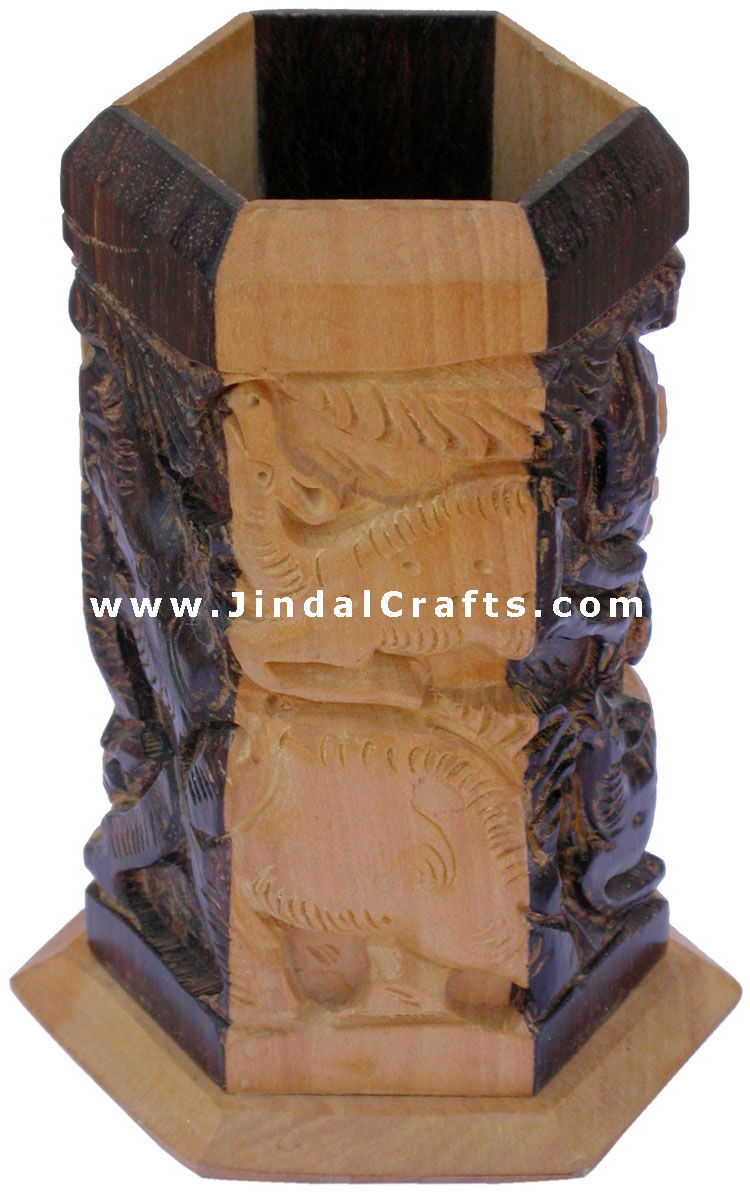 Hand Carved Wood Decorative Pen Holder Stand India Art