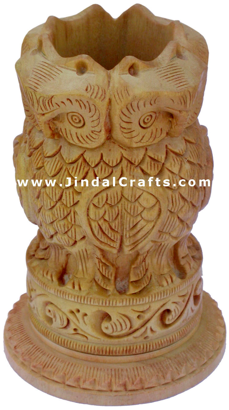 Hand Carved Wood Owl Pen Holder Stand India Jungle Carving Corporate Souvenirs