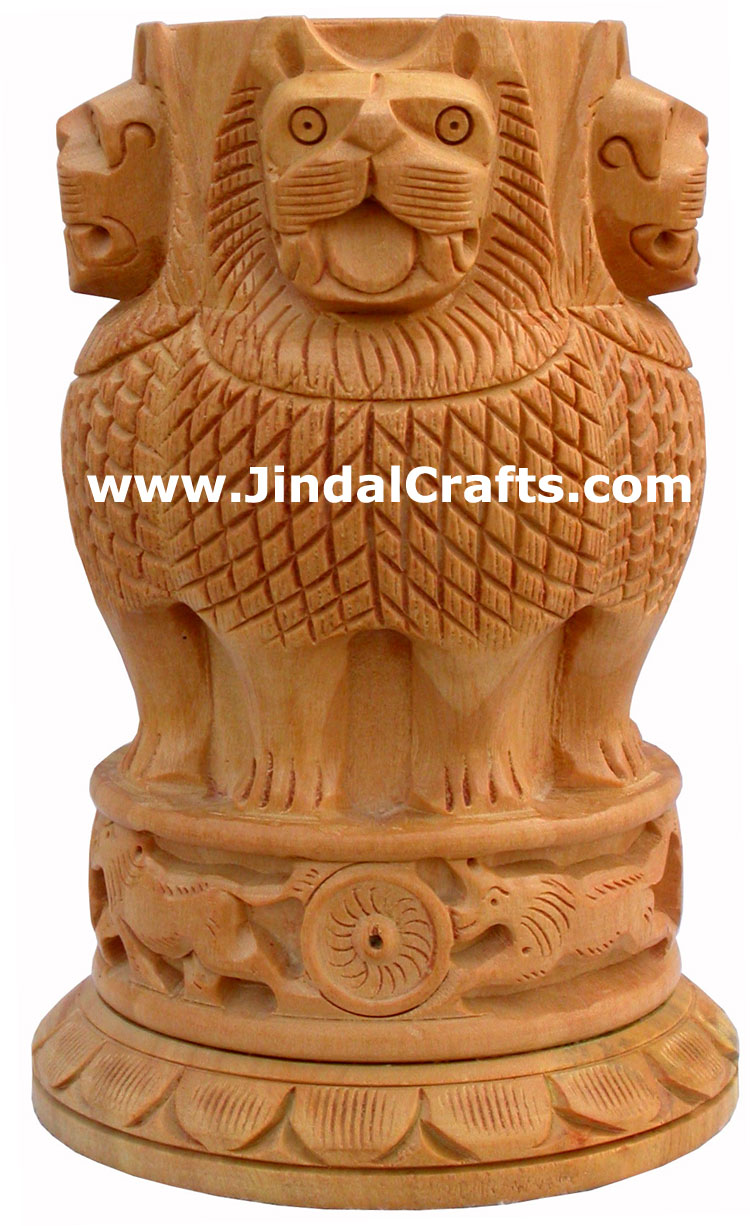 Hand Carved Wood Ashoka Stambh Pen Holder Stand Holder India Carving Handicrafts