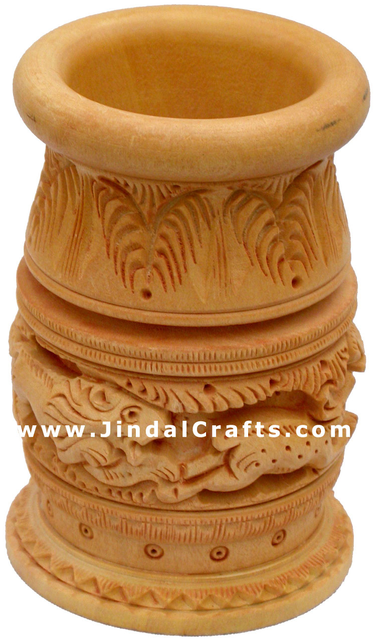 Pen Holder Wood Hand Carved Jungle Indian Handicraft