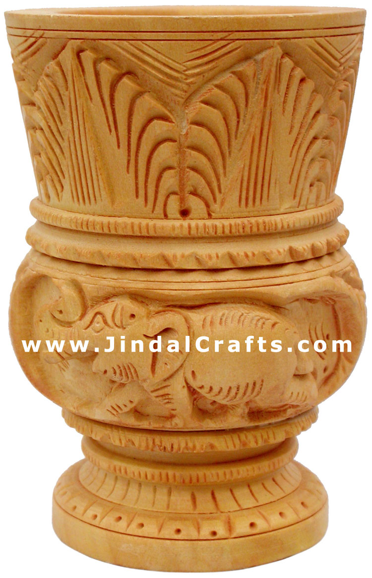 Hand Carved Wood Pen Holder Stand India Jungle Carving Gift Corporate Souvenirs