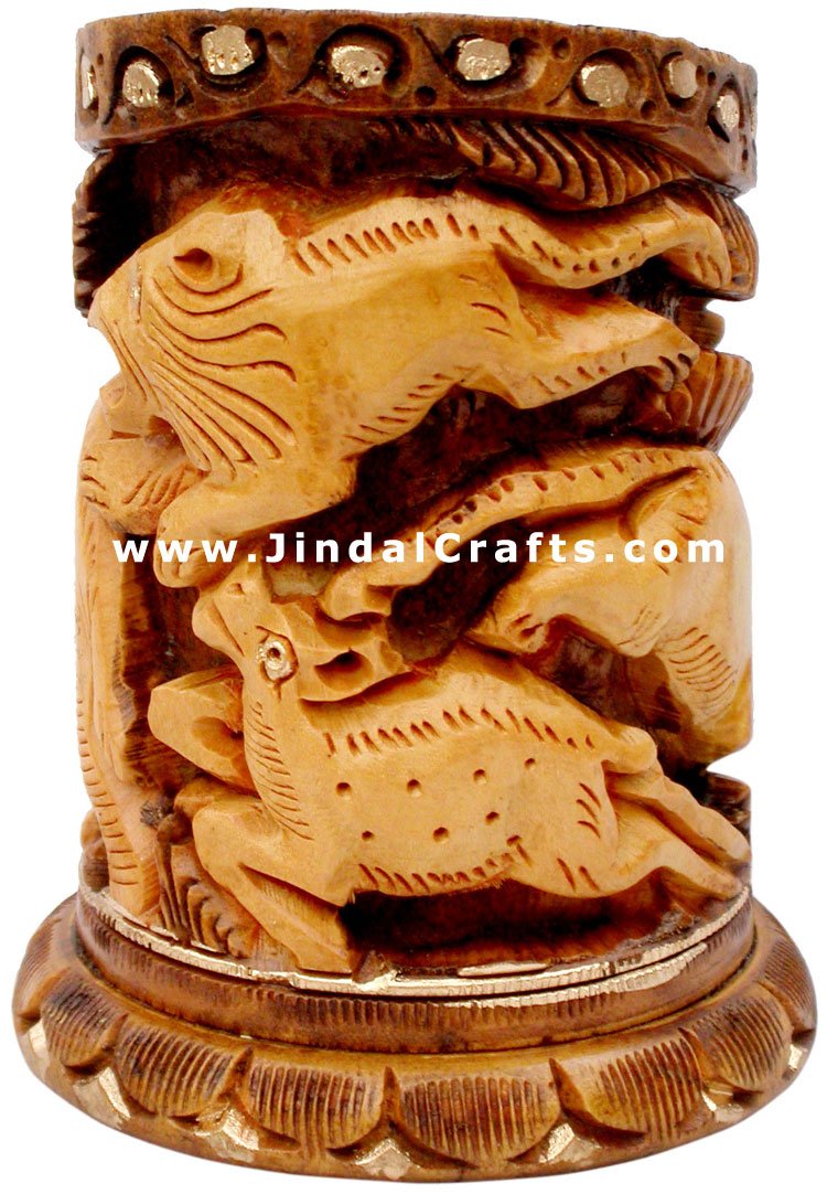 Pen Holder Wood Hand Carved Antique Look Jungle India