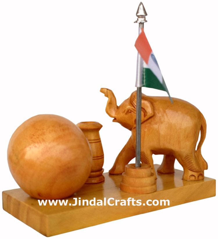 Wooden Pen Stand with Hand Carved Elephant Figurine, Clock, Flag of India