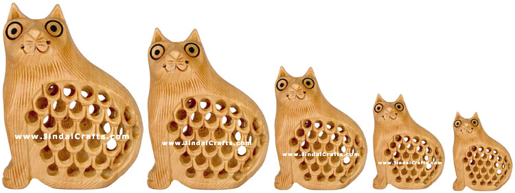 Set of Cats Handcarved Wooden Animal Figures India Art
