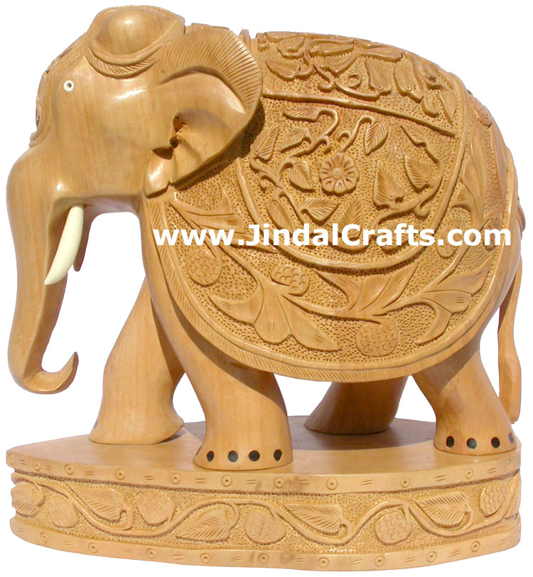 Handcarved Elephant Wood Figurine Indian Art Sculpture Home Decor Artifact Craft