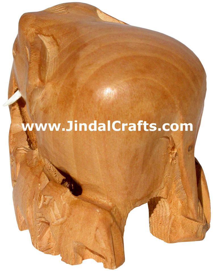 Hand Carved Wooden Elephant Family India Artifacts Art Handicraft Natural Finish