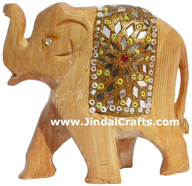 Hand Carved Wooden Lac Elephant India Artifacts Arts