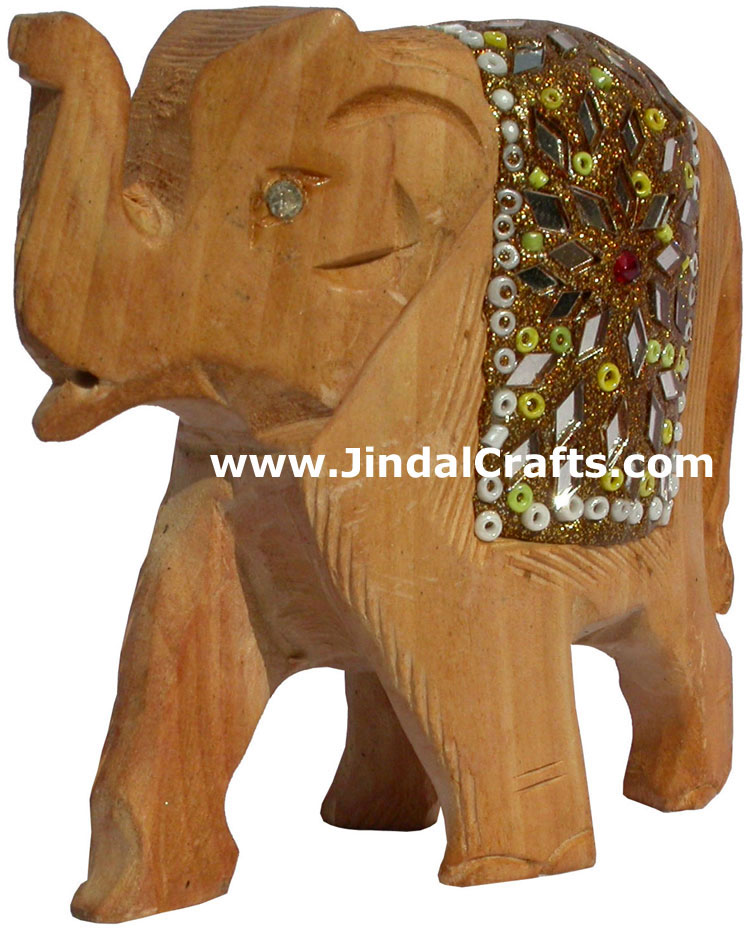 Hand Carved Wooden Lac Elephant India Artifacts Arts