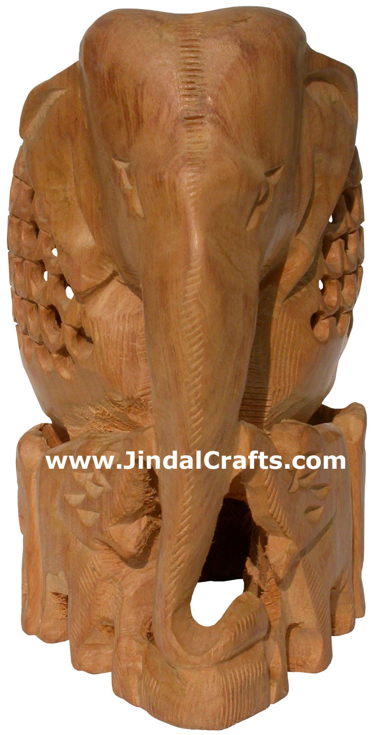 Hand Carved Wooden Elephant Family India Artifacts Art Hollow Carving Handicraft
