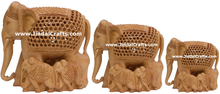 Set of Baby Elephants - Hand Carved Wooden Animals Art