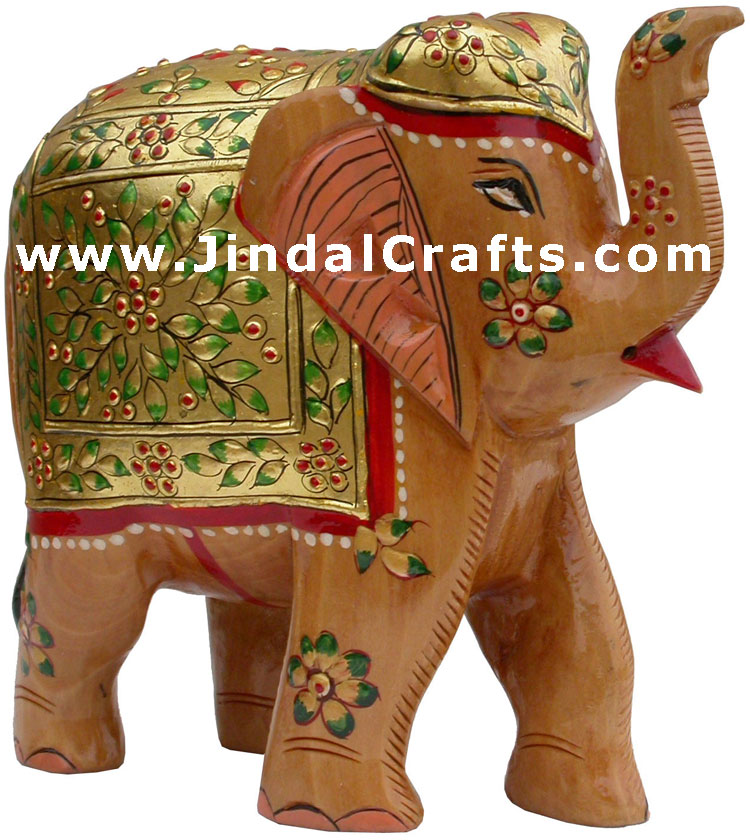 Elephant - Gold Painted Hand Carved Wooden Elephant Art
