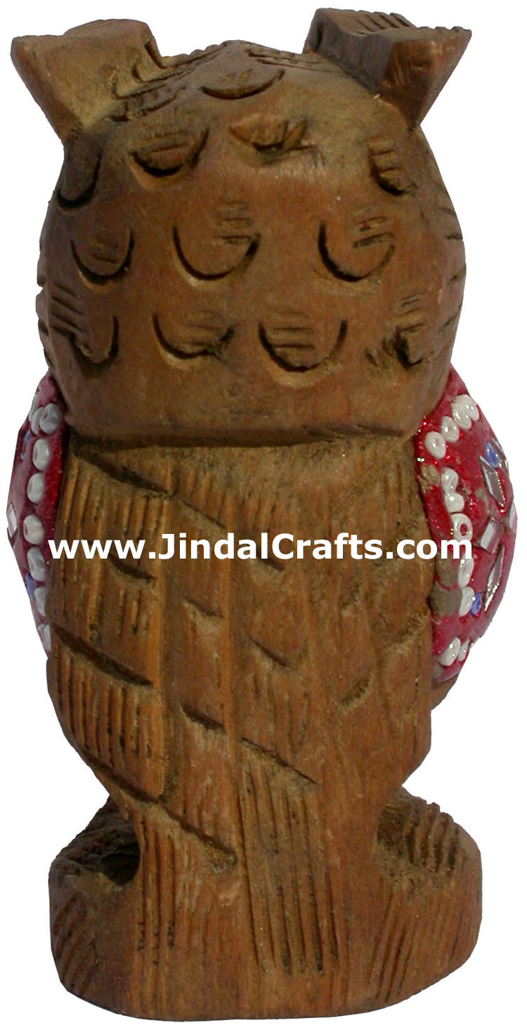 Kadam Wood Hand Carved Owl with Lac Work India Artifact