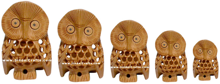 Set of 5 Owls Handcarved Wooden Bird Figures India Art Hollow Jalli Engraving