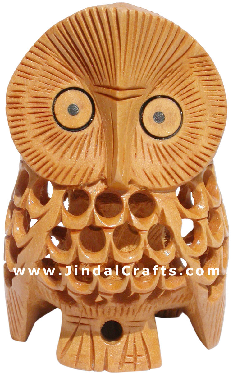 Set of 5 Owls Handcarved Wooden Bird Figures India Art Hollow Jalli Engraving