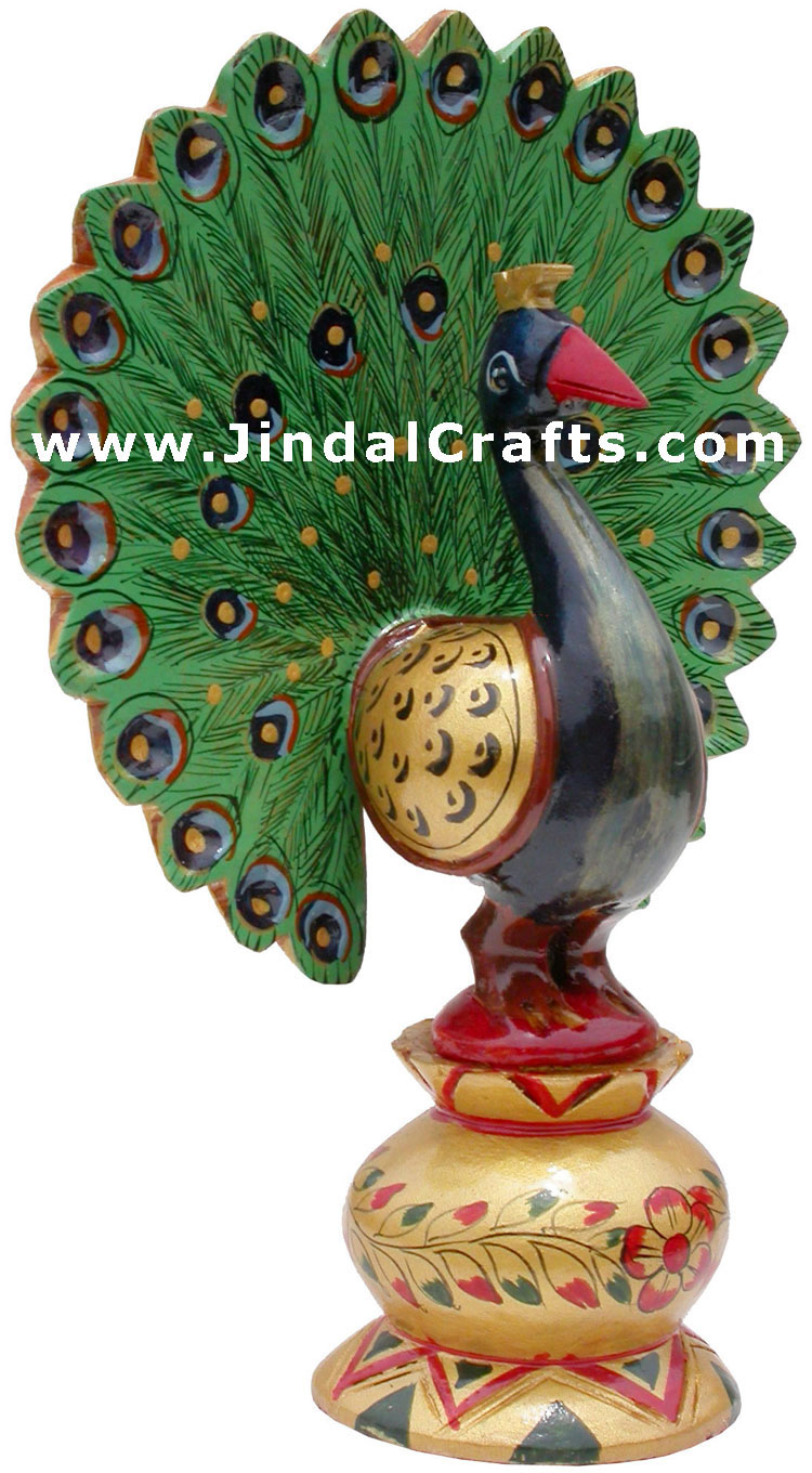 Peacock - Hand Painted Colorful Bird Carved Figurine