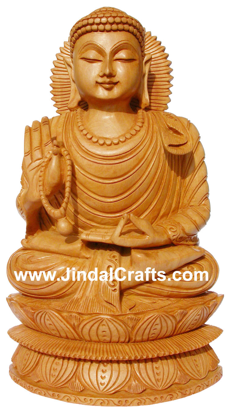 Wood Handmade Gautam Buddha Figurine India Carving Art